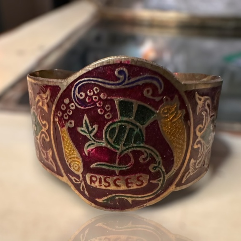 Vintage Brass Hand Painted PISCES Zodiac Astrology Cuff Bracelet